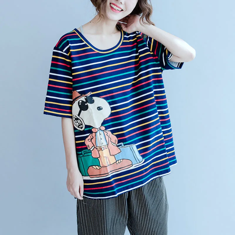 striped tshirt Хлопковая футболка размера плюс с мультяшным принтом в полоску, женская футболка Kawaii Vogue, летние графические майки футболки 4XL Harajuku - Цвет: striped tshirt