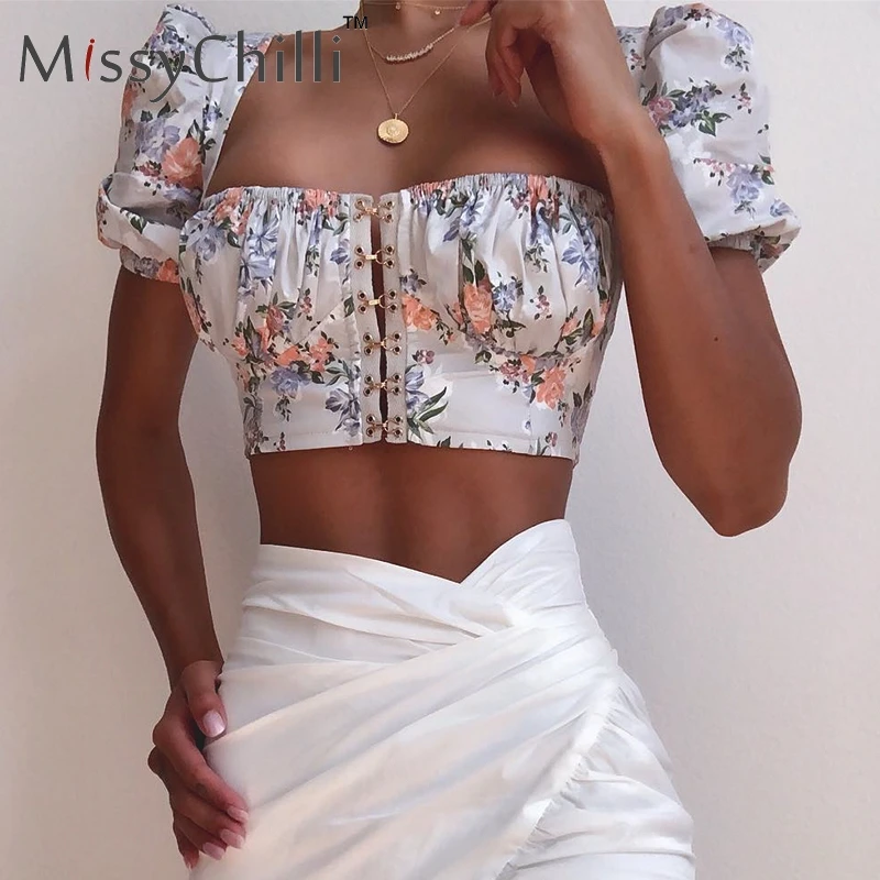 Сексуальная майка MissyChilli с пышными рукавами и цветочным рисунком женский белый