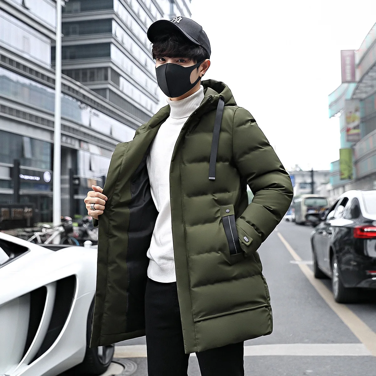 Fashion Mens cotton thick coat long cotton-padded jacket coat hooded thick long clothing Korean Youth leisure cotton winter L190