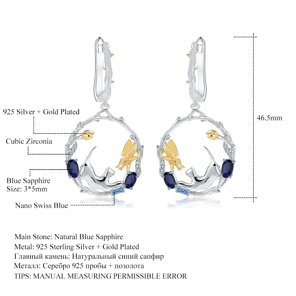 

GEM'S BALLET 925 Sterling Silver Handmade Cat & butterfly Drop Earrings for Women 1.22Ct Natural Blue Sapphire Earrings Jewelry