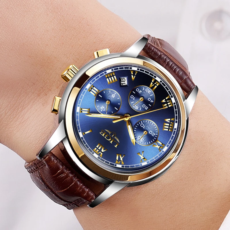 LIGE новые мужские спортивные часы модные деловые кварцевые кожаные водостойкие