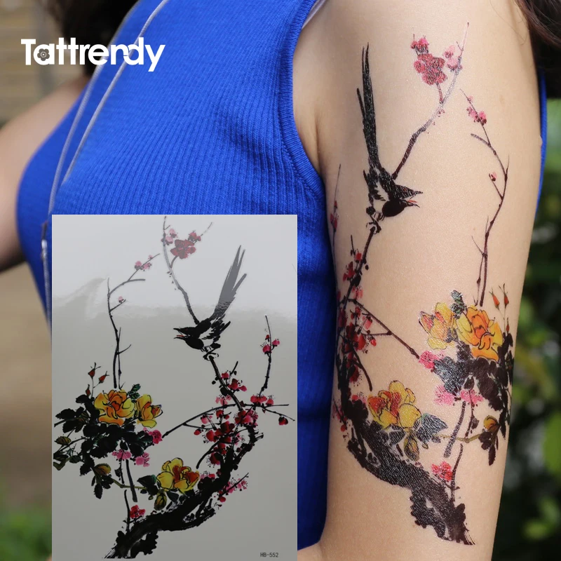 Китайские монохромы Wintersweet Flower Bird Tattoo серии черные чернила и Моющиеся