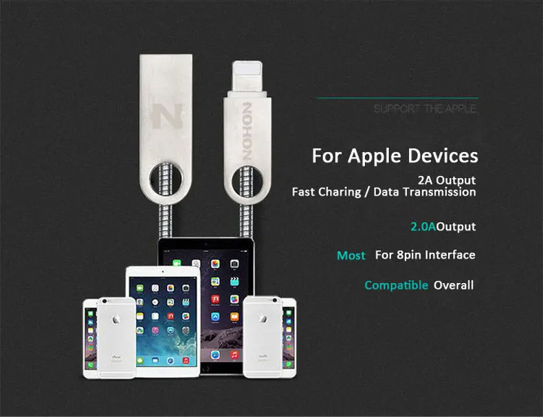 Металлический 8-контактный usb-кабель NOHON для iphone 8, 7 Plus, 6 S, 5, 5S, 6, 6 Plus, Apple, iPad Mini, 2,0 A, кабели для быстрой зарядки и синхронизации данных