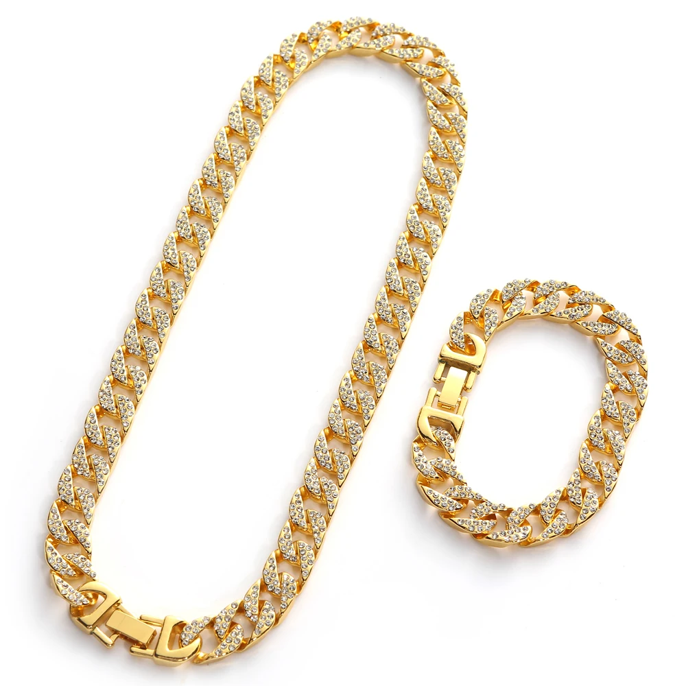Хип-хоп Iced Out, кубинская цепочка для мужчин, шикарные хрустальные стразы CZ Rapper золотого и серебряного цвета, ожерелье, ювелирные браслеты