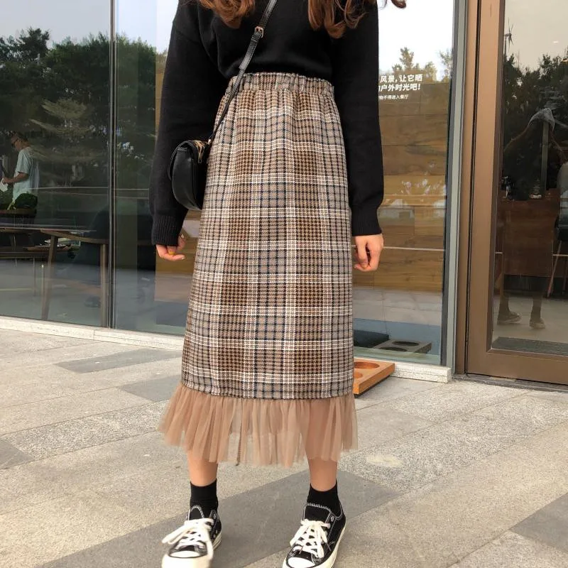 Осень-зима женские юбки Harajuku модные сетчатые строчки с эластичной резинкой на талии шерстяные юбки для девочек ретро клетчатые миди юбки низ