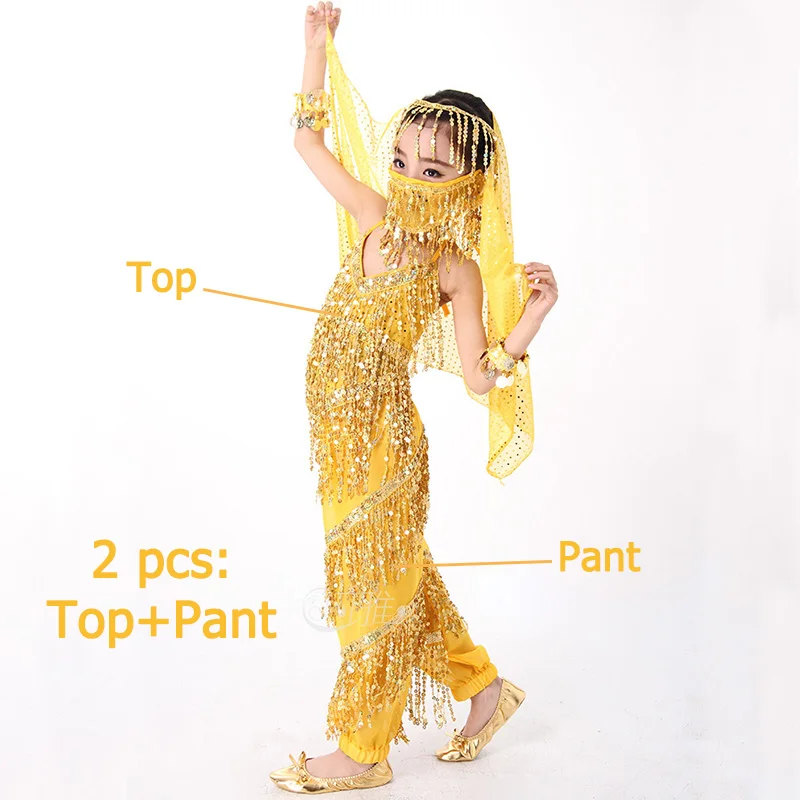 yellow 2 pcs Детский танец живота комплект детская одежда для индийских танцев Детские костюмы танцевальный, ткань с блестками, с кисточками, сценический костюм комплект из 3 предметов, 6 шт - Цвет: yellow 2 pcs