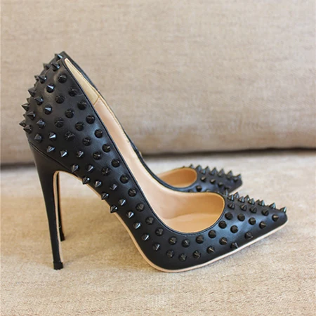 Black Matte 10cmHeel Veowalk/черные матовые женские туфли-лодочки на высоком каблуке с острым носком и заклепками в стиле панк; пикантные женские туфли-лодочки на шпильке с шипами; Женская Клубная обувь для вечеринок - Цвет: Black Matte 10cmHeel