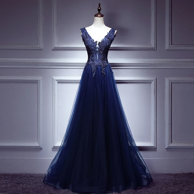 2020 Vestido De Festa Sexy Navy Blue Evening Dresses V Neck Sleeveless Appliques Party Gowns Women Formal | Свадьбы и торжества