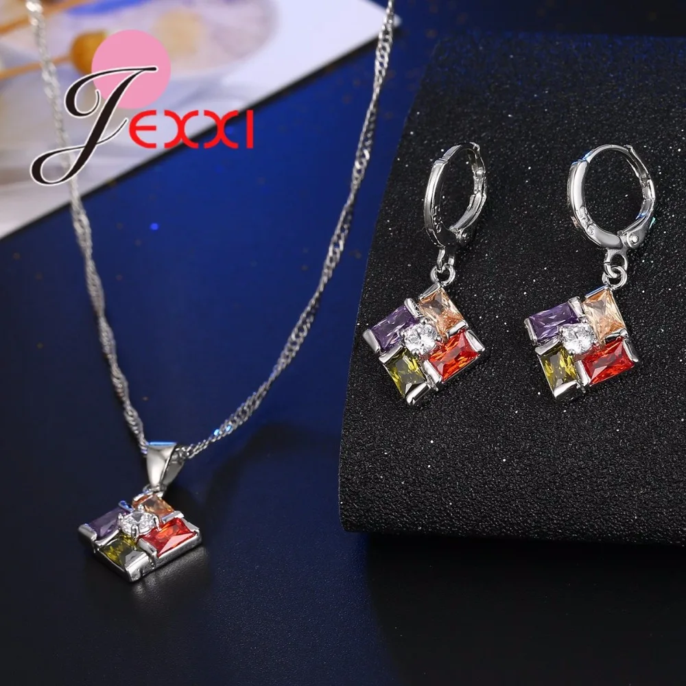

Gorgeous Fashion Square Jewelry Set Classic Trendy Colorful Necklace Earrings for Women Wedding 925 Sterling Silver Bijoux