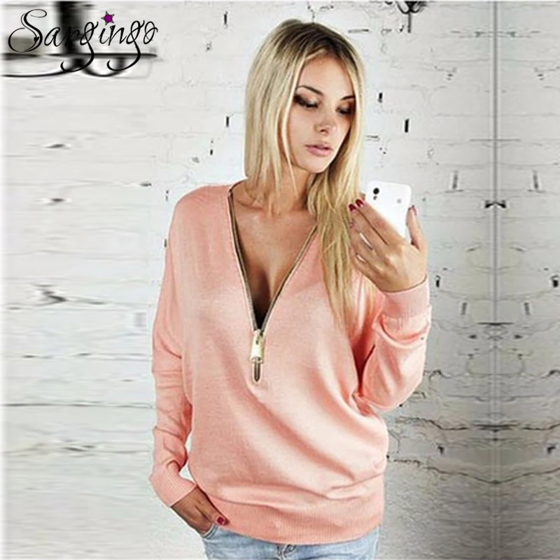 Sargingo одноцветное Длинные рукава летняя футболка для женщин 2017 v образным вырезом
