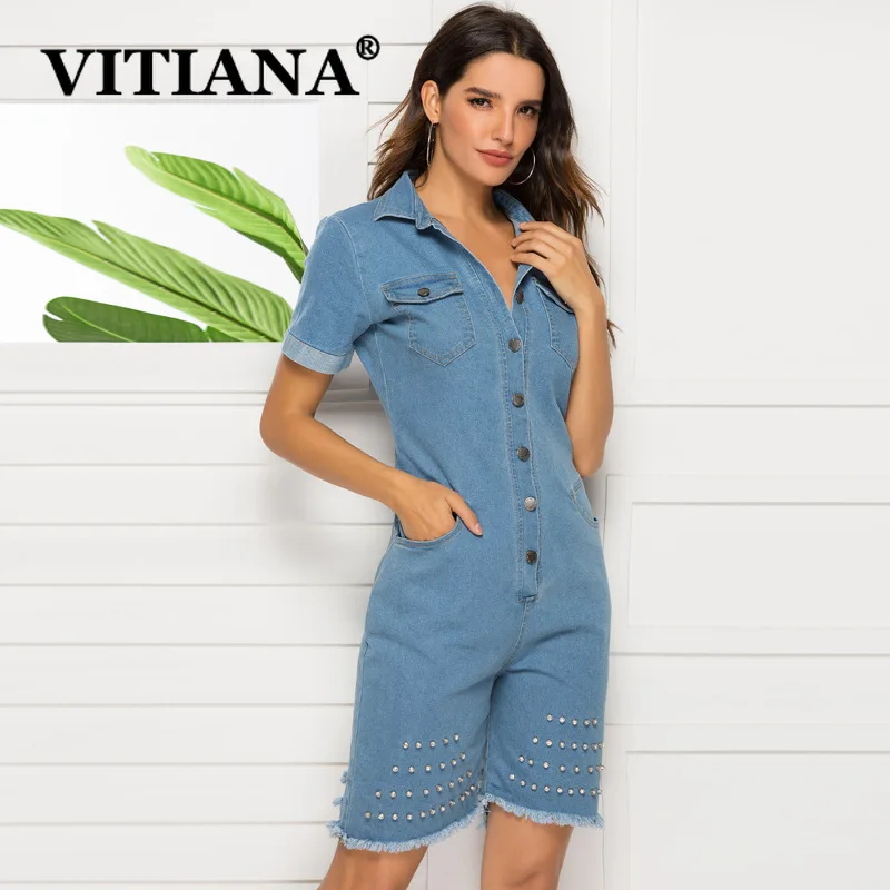 VITIANA Women Casual Denim Playsuits Summer 2019 Female Short Sleeve Pockets Buttons Hollow Out Playsuit Streetwear Rompers|Комбинезоны c