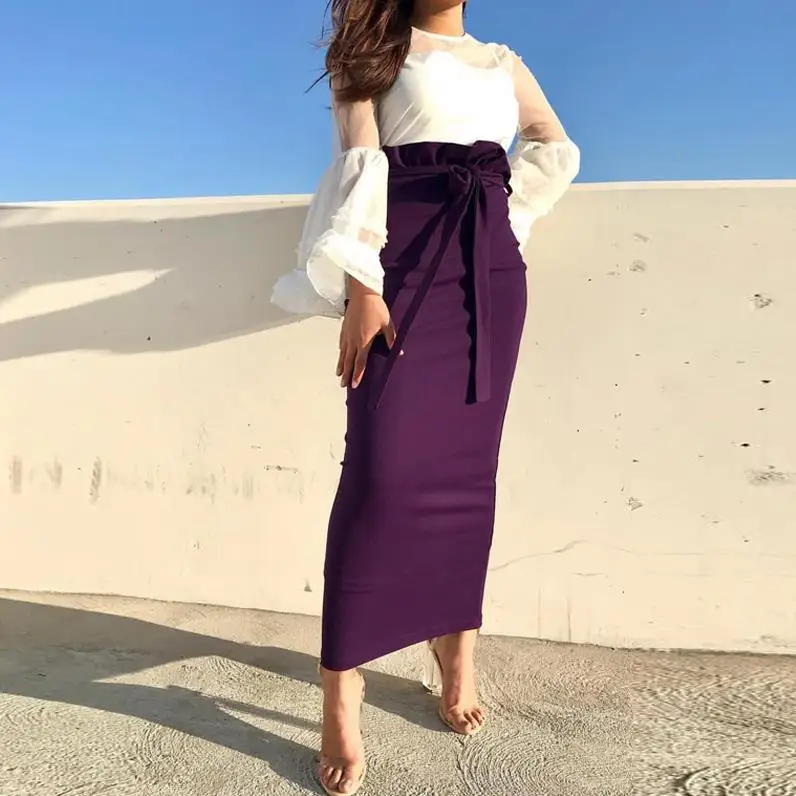 Purple skirt Юбки с оборками размера плюс, Faldas Mujer Moda, лето, абайя, Дубай, мусульманская длинная Макси юбка с высокой талией, женская юбка, Jupe Longue Femme - Цвет: Purple skirt