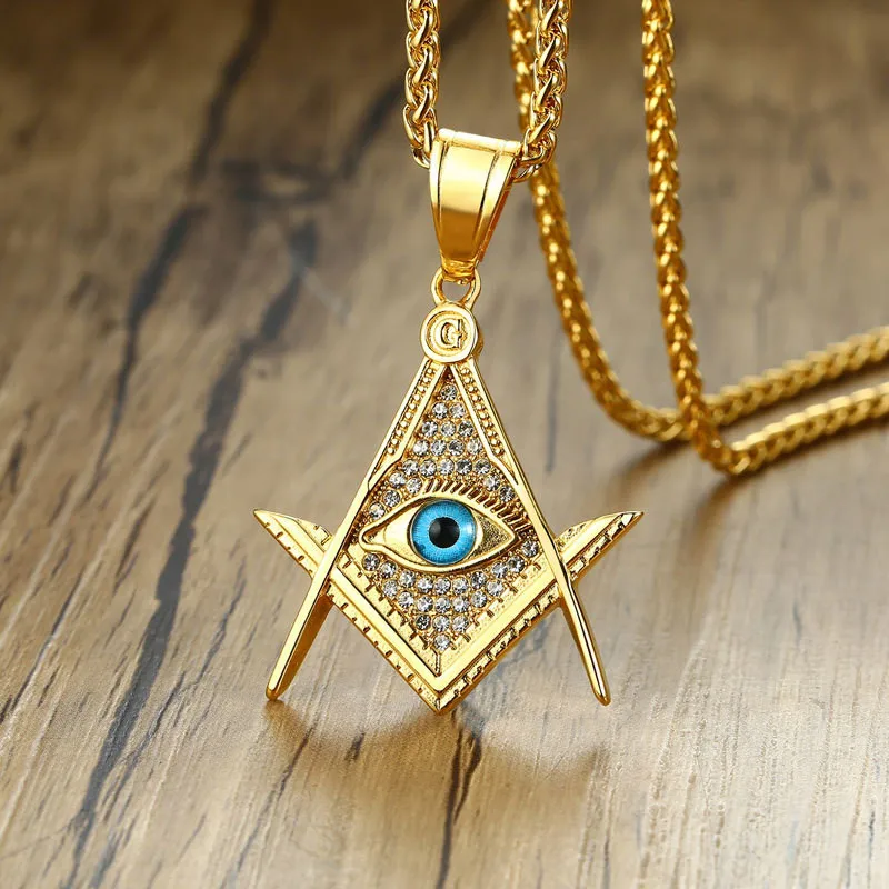 

Hip Hop Titanium Steel with Rhinestone Eye Masonic Pendant & Necklace For Men Jewelry