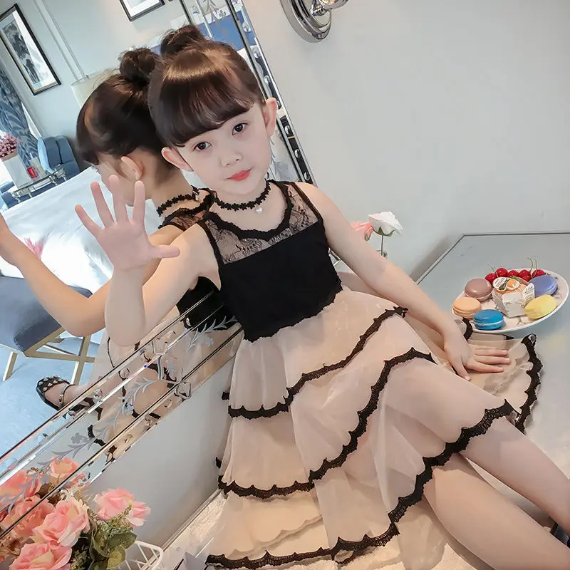 

Hot Selling 2019 New Spring Girls Dresses Solid Khaki Dress Summer Style Children's Sleeveless Dresses for Girls Cake Lace Dress