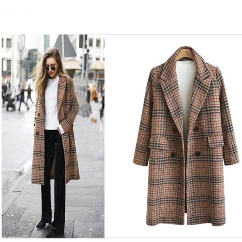 Европейский стиль женский шерсть пальто плед шаблон отложной воротник зимние