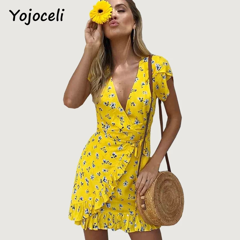 Yojoceli летнее платье с v образным вырезом и цветочным принтом для женщин 2018