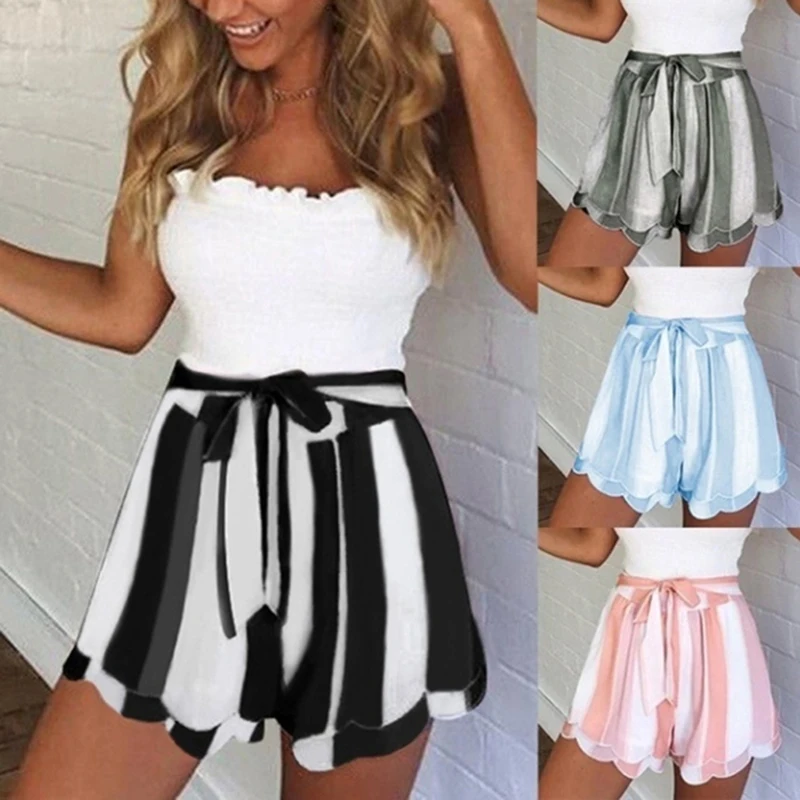 

2019 Summer Double Petal Shorts Women Stripe Print Loose Hot Shorts Lady Beach New Fashion High Waist Sashes Shorts Feminino
