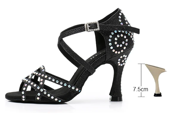 black heel 75mm DILEECHI/Женская обувь для латинских танцев; стразы; блестящая обувь для сальсы; Бальные сандалии; обувь для танцев; обувь для вечеринок; Каблук-клеш 9 см; цвет золотистый, серебристый - Цвет: black heel 75mm