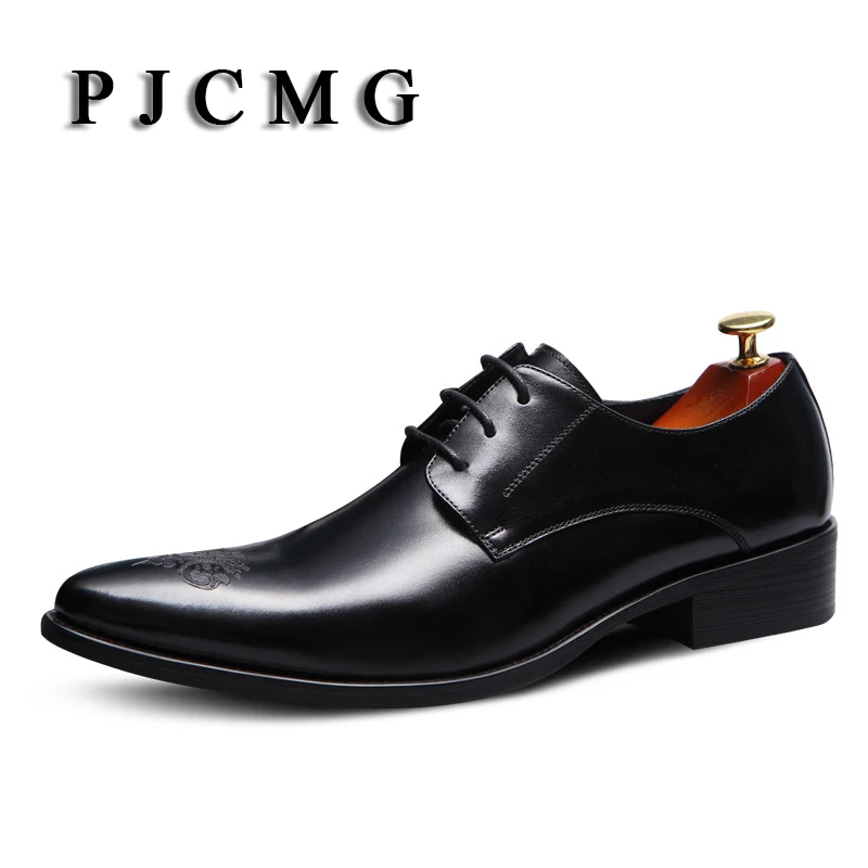 

PJCMG New Breathable Black/Red/Brown Dress Genuine Leather Carved Style Pointed Toe Lace-Up Business Wedding Dress Shoes
