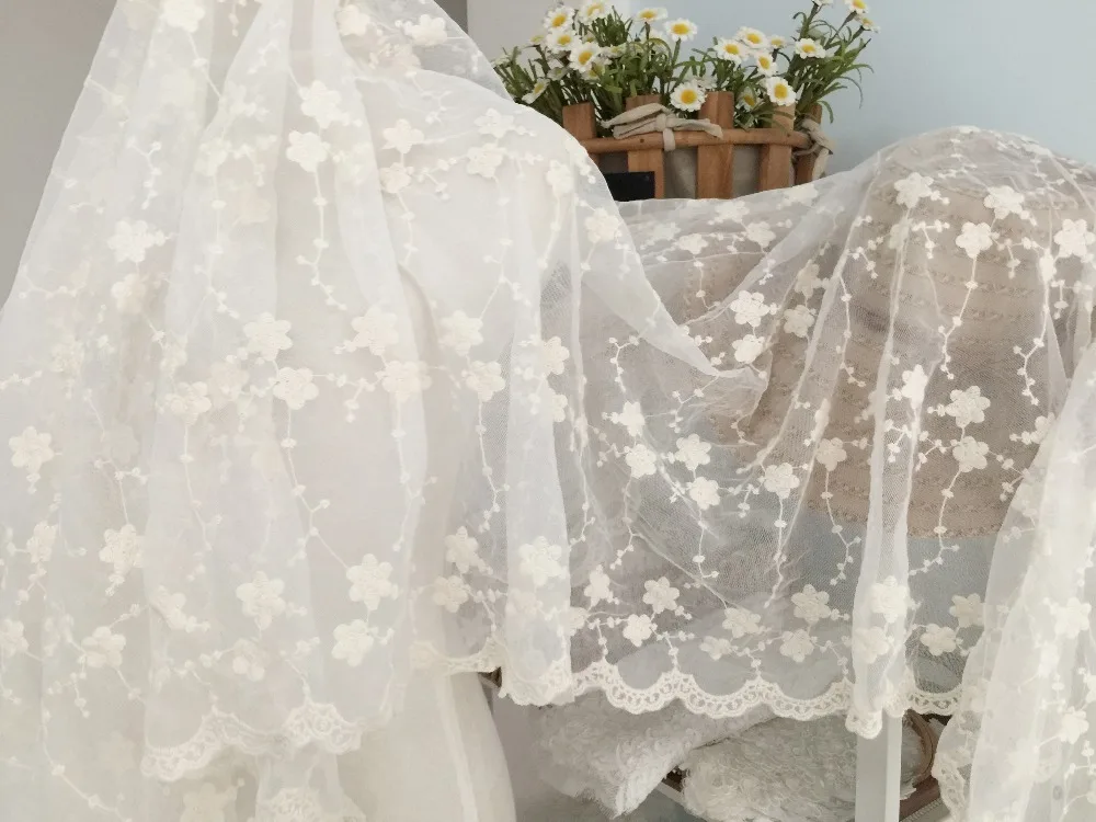

One yard Beige Lace Fabric, Cotton Embroidered Florals Fabric, Ivory Wedding Dress Lace Fabric By The Yard