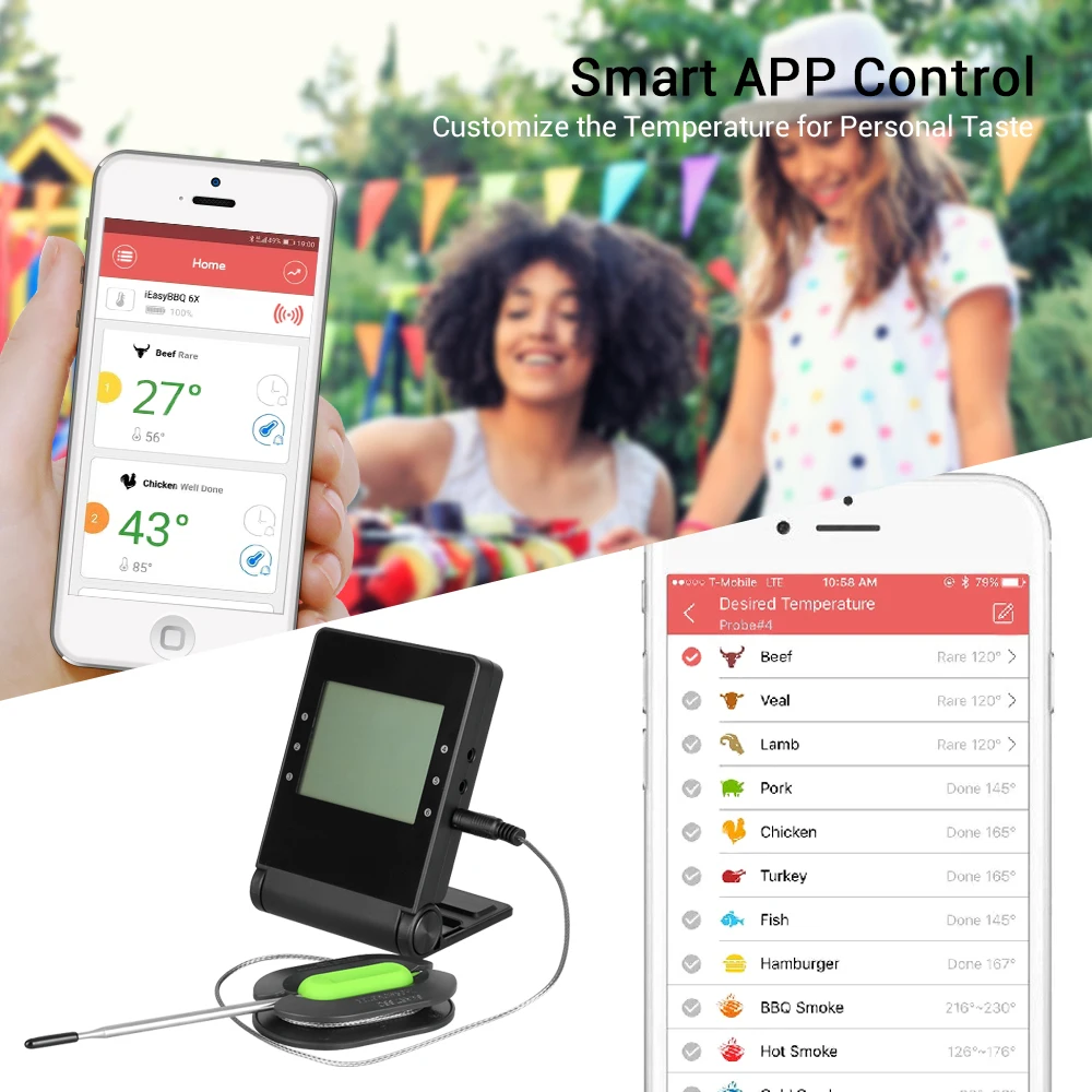 Беспроводной цифровой bluetooth-термометр для барбекю с 6 зондами и управлением
