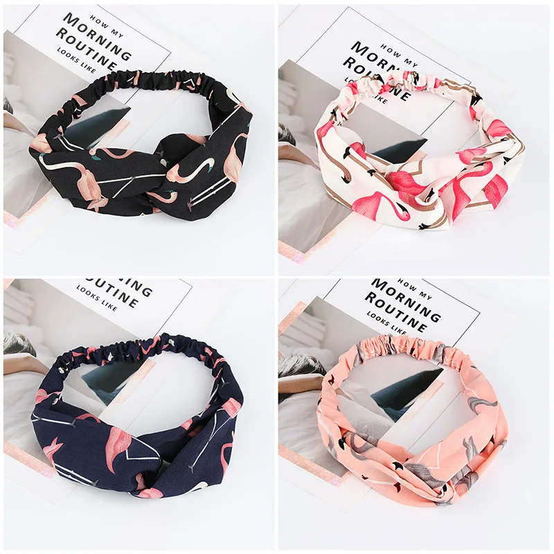 

Bohemian Girls Floral Hair Scrunchie Summer Retro Cross Hair Bands Turban Flamingo Elastic Headbands Women Accessories Headwear