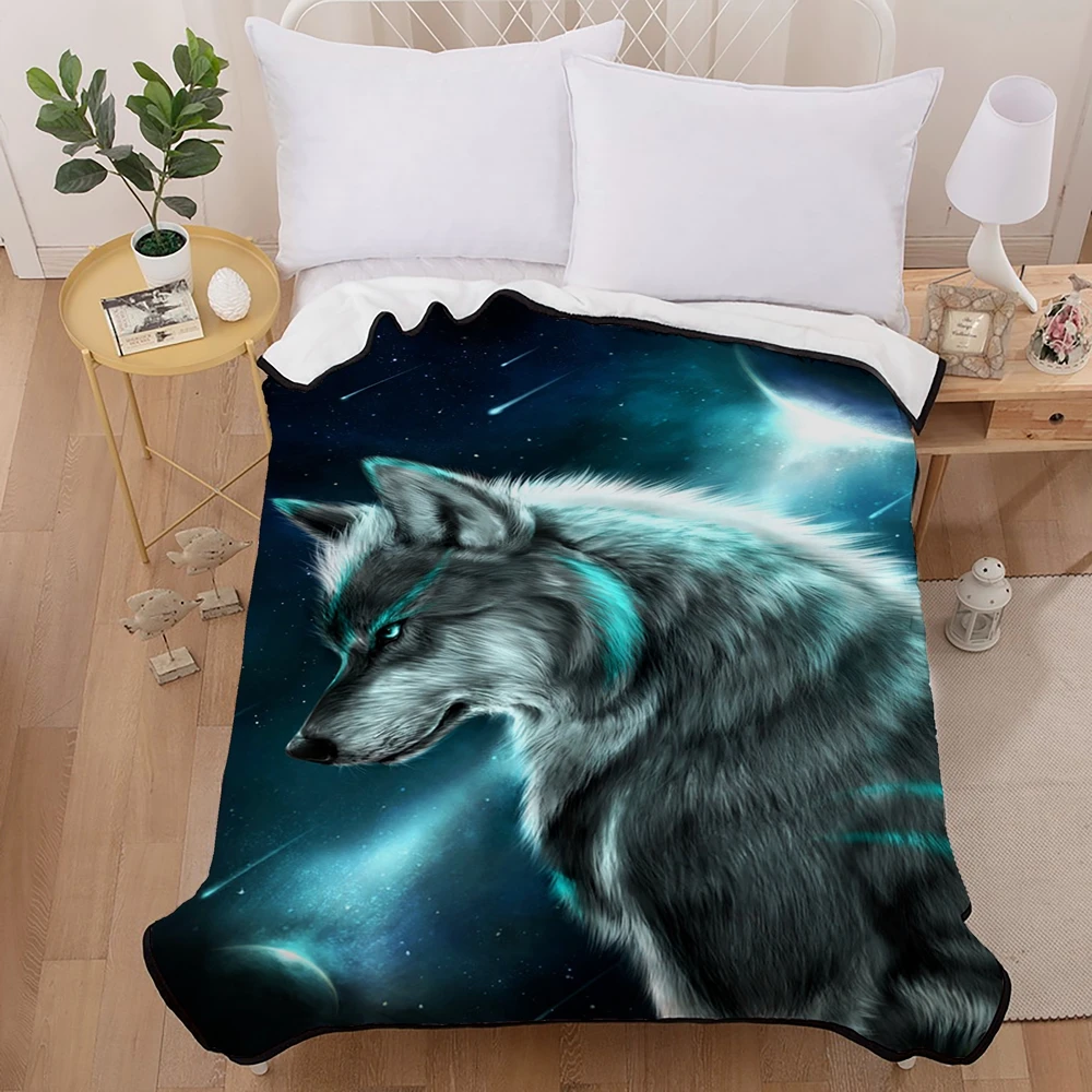 

3D Lovers Wolves Throw Blanket Air Conditioning Flannel Blanket Couples White Wolf Short Plush Coral Fleece Blanket 150x200cm