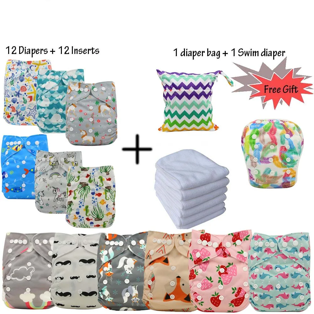 14 Ohbabyka, детские подгузники, подгузники, 12 шт., подгузники+ 12 шт., вкладыши+ 1 подгузник для плавания+ 1 сумка для подгузников - Цвет: 14