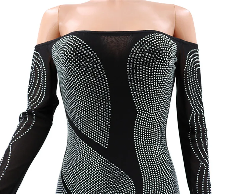 Adogirl Sheer Mesh лоскутное алмазы Вечеринка платье для женщин пикантные с открытыми плечами длинным рукавом Высокий разрез Bodycon макси платья