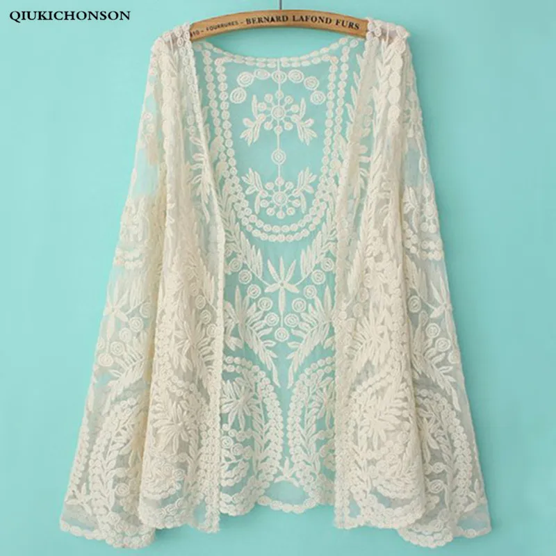 Qiukichonson Lace Cardigan Summer Bohemian Beach Cover Up V-Neck Embroidery Cotton Tops Ladies Womens Long Sleeve |