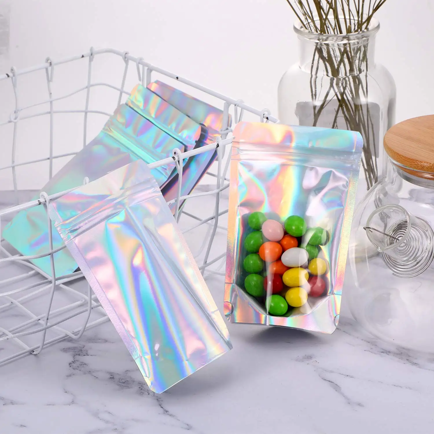 50 шт. Лазерная алюминиевая фольга Mylar Пакет с застежкой молнией Прозрачная