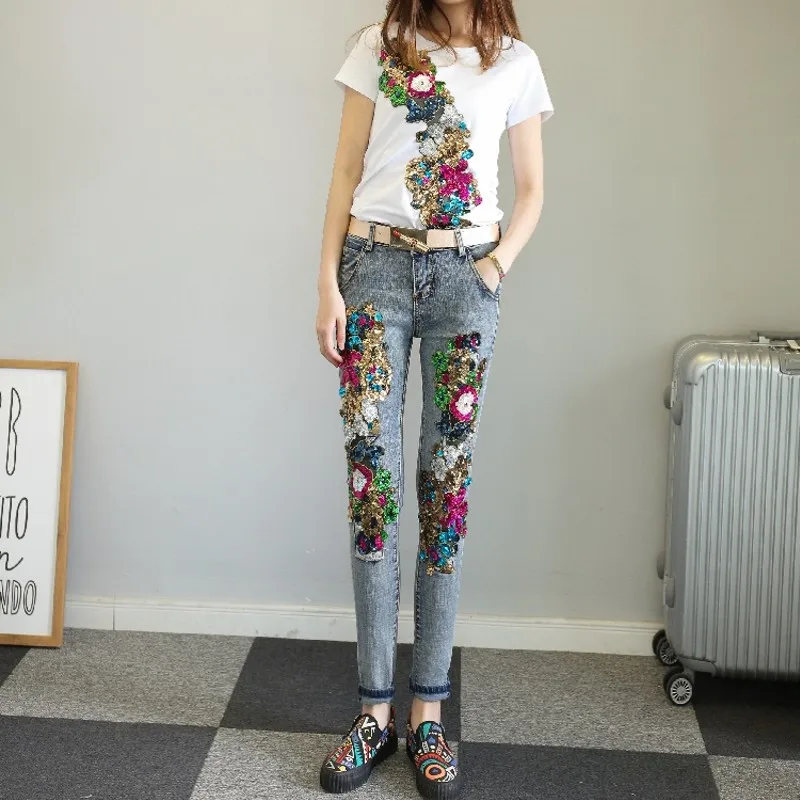 Женские джинсы карандаш с блестками и цветами в стиле ретро 2019|jeans woman|jeans women