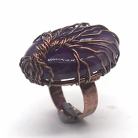 100 unique new arrival 1 pcs copper wire wrap purple amethysts oval shape adjustable finger ring fashion jewelry