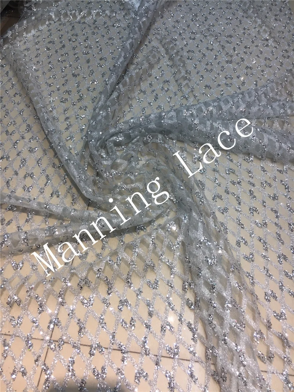 

New coming Silver color African French Lace Fabric High Quality African Tulle Lace Fabric with Glued glitter sequins for party