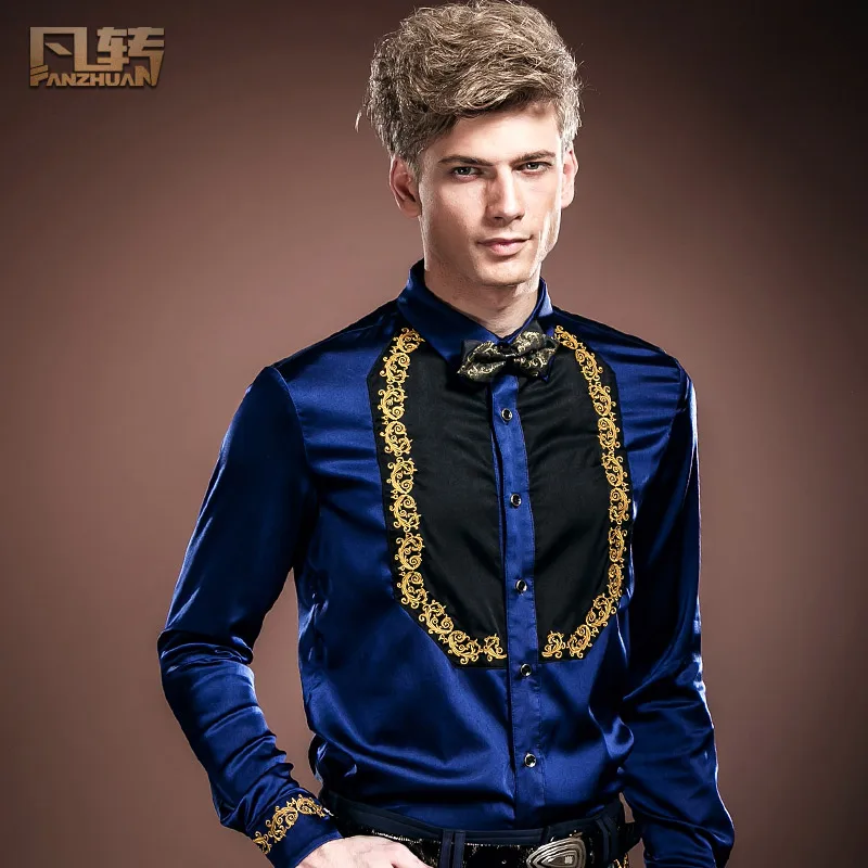 Fanzhuan Free Shipping New fashion casual male men's personality original design embroidery long sleeved shirt 14249 blue 4XL5XL