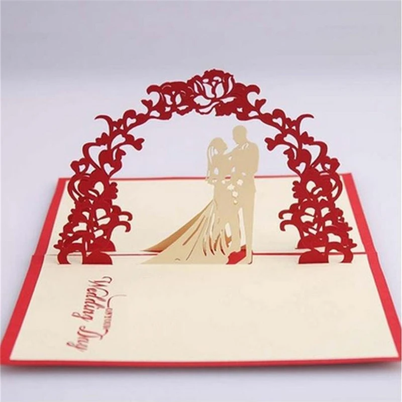 

(20 pieces/lot) 3D Pop Up Bride And Groom Wedding Invitation Card Vintage Red Heart Marriage Invitations With Envelope IC106