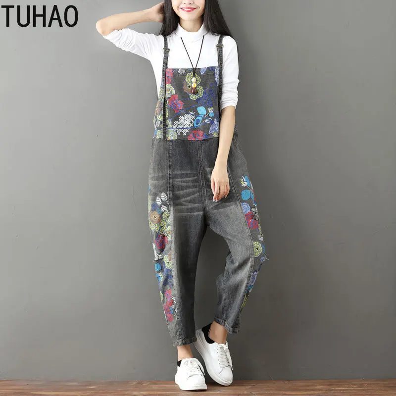 

Plus Size Casual Rompers Ladies Long Pants Jumsuits Women Vintage Flowers Printed Denim Wide Leg Jeans Overalls LLJ