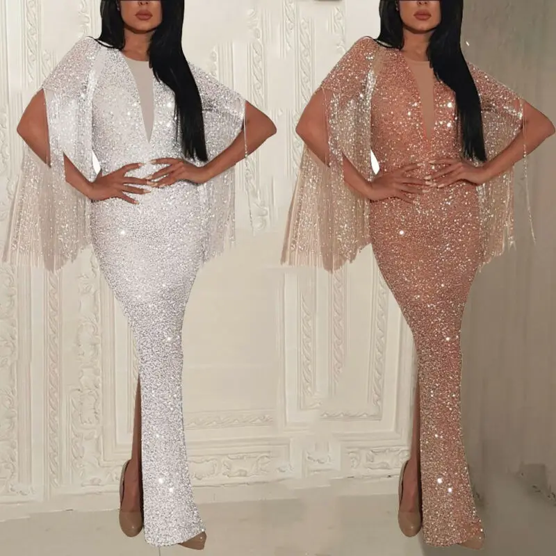 Women V-neck Bodycon Sequins Dresses 2019 New Tassel Bing Slim Glitter Elegant Ladies Party Formal Dress S-XL | Женская одежда