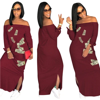 burgundy dress Adogirl/Макси-платье размера плюс S-3XL с принтом Money dollar, повседневные длинные платья с открытыми плечами и завязками, с рукавом 3/4, с разрезом сбоку, летние платья - Цвет: burgundy dress