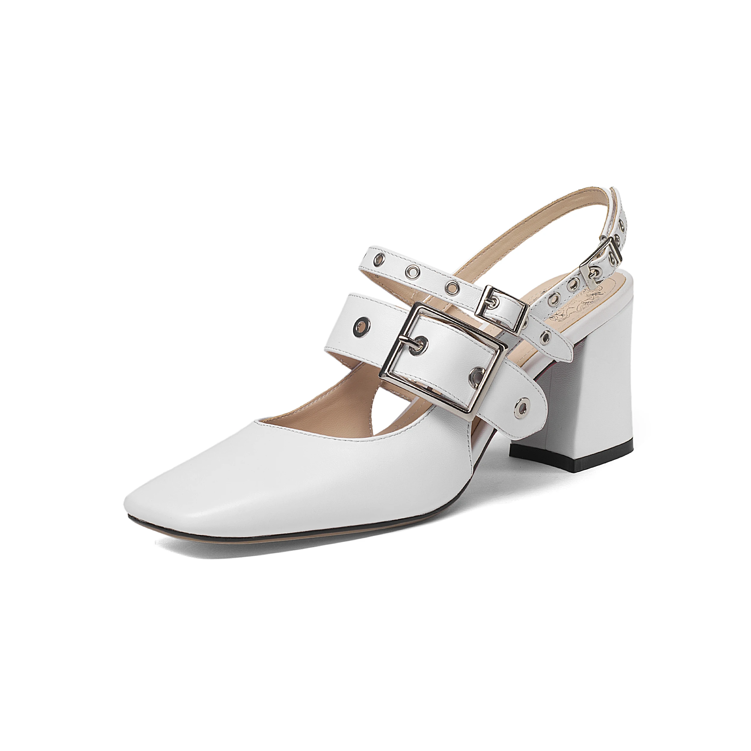 Women Genuine Leather Sandals Black White Stud Square toe Block High Heels Ankle Buckle Strap Platform Pumps Sandalias Mujers | Обувь