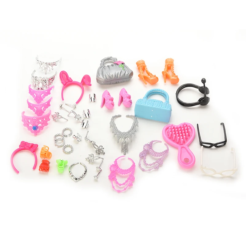 

40 Pcs Doll Decor Fashion Jewelry For Doll Necklace Earring Bowknot Crown Shoes Accessory Dolls Girl Kids Gift
