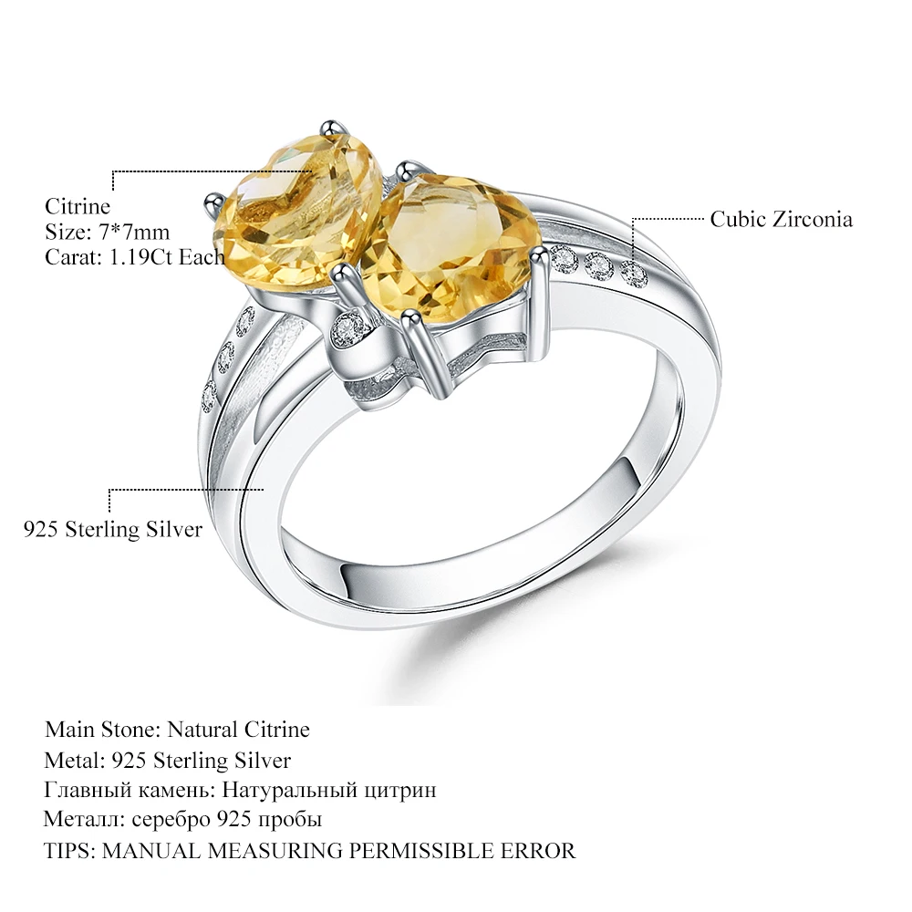 

GEM'S BALLET 2.39Ct Natural Citrine Gemstone Rings 925 Sterling Silver Double Hearts Of Love For Women Valentine's Day Jewelry