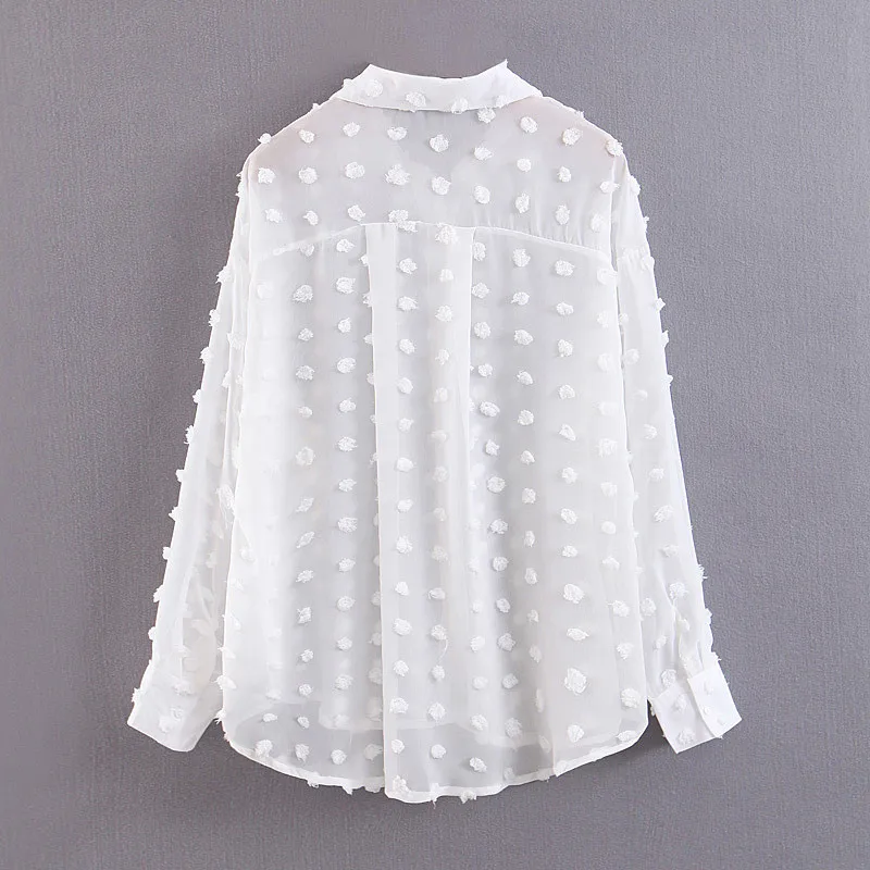 Женская прозрачная блузка NSZ белая шифоновая в горошек с длинным рукавом и