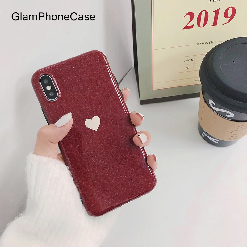 Glam чехол для телефона простой блестящий чехол для телефона с сердечком для iphone XS Max XR XS 8 8 plus 7 7plus 6/6S Plus Мягкий чехол винно-красного цвета