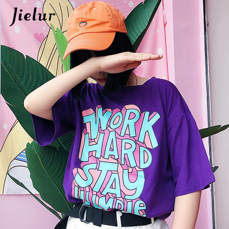 Jielur Harajuku Фиолетовый Топ Femme S-XL повседневное с буквенным принтом корейский стиль