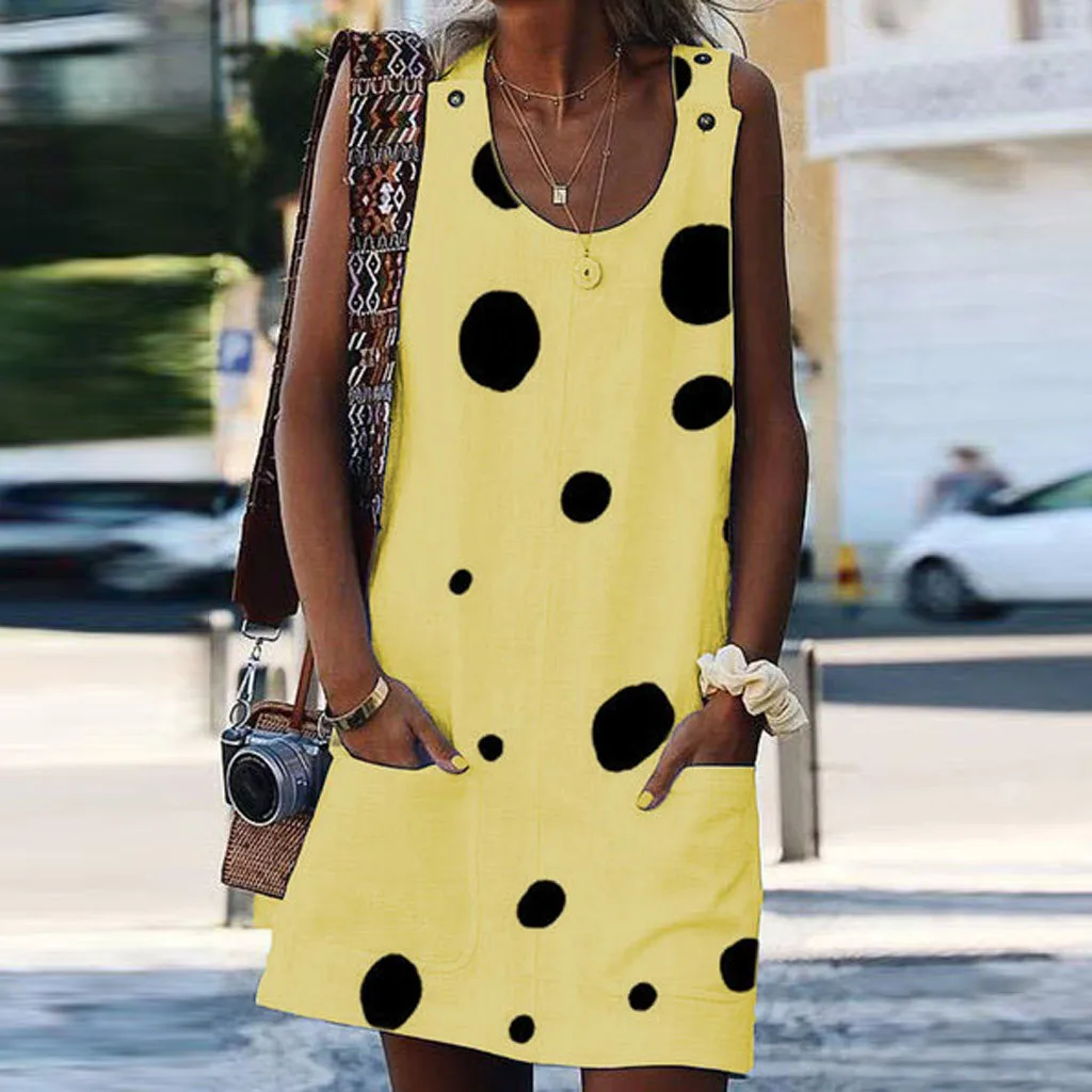 Женские летние платья без рукавов с круглым вырезом в горошек повседневные