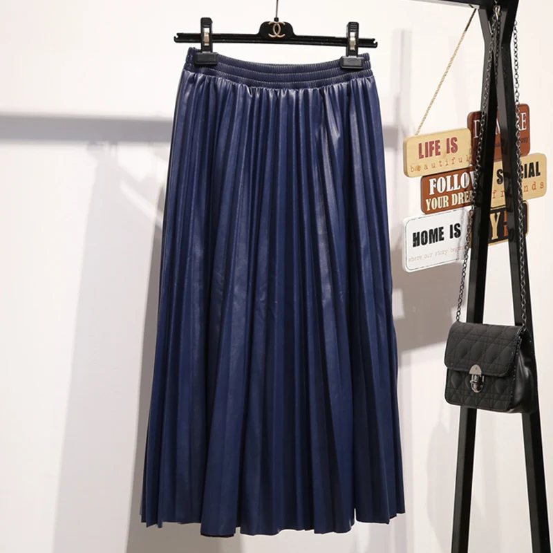 Женские юбки миди с PU кожа Surmiitro, длинные плиссированные юбки с высокой талией, зеленый и черный и желтый цвета юбка в корейском стиле для женщин на осень-зима