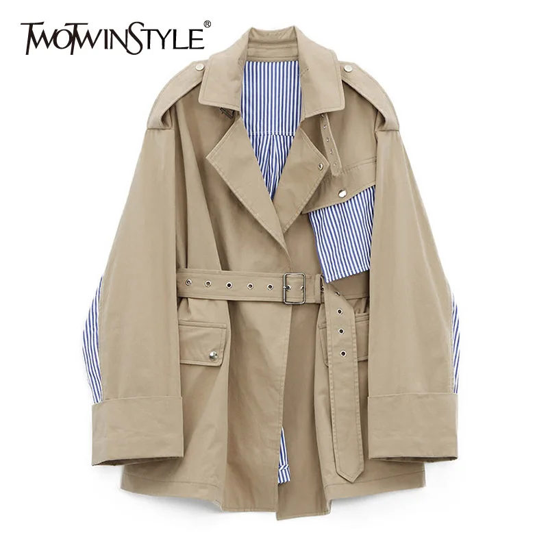 TWOTWINSTYLE полосатая ветровка Женский лоскутный пояс высокая талия большой размер
