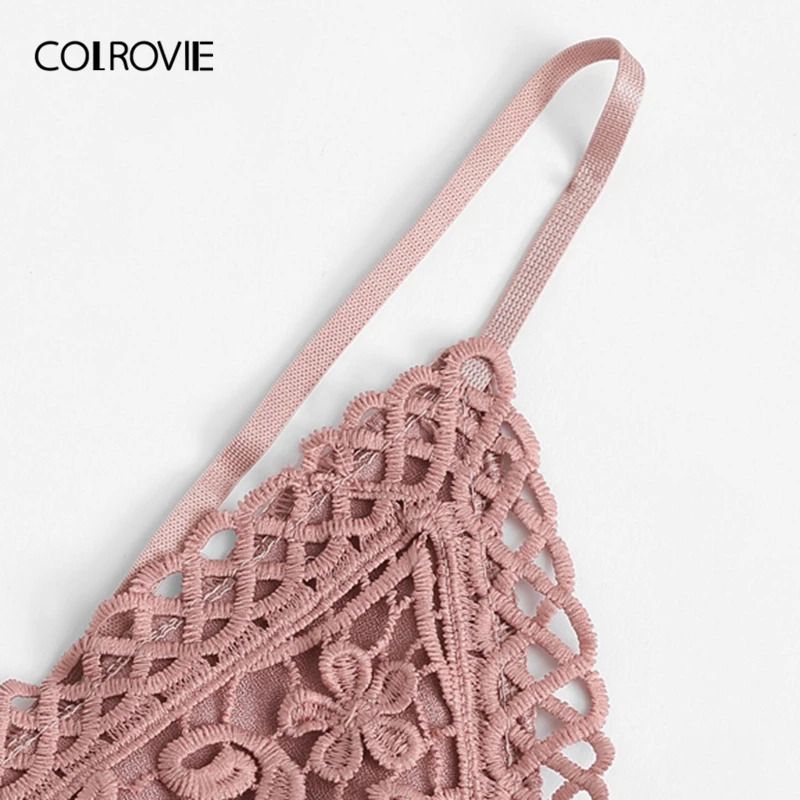 COLROVIE розовый однотонный комбинезон с v-образным вырезом и открытой спиной, контрастный кружевной комбинезон с бантом на спине, Boho, женский комбинезон, летний сексуальный женский комбинезон, короткий комбинезон