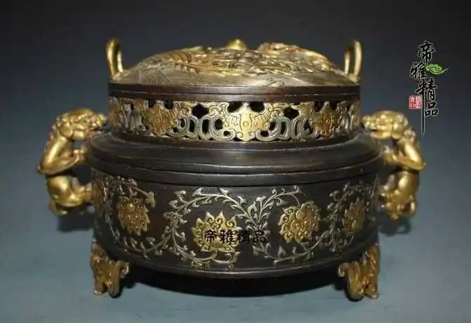 WBY Chinese Copper 24K Gold Gild Silver Dragon Phoenix Bird Incense Burner Censer | Дом и сад